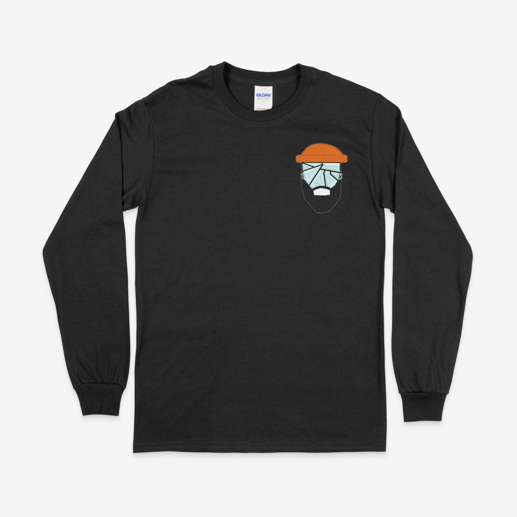 Black long sleeve t-shirt with The Shattered Man face logo featuring a fractured glass design and orange beanie on the chest.