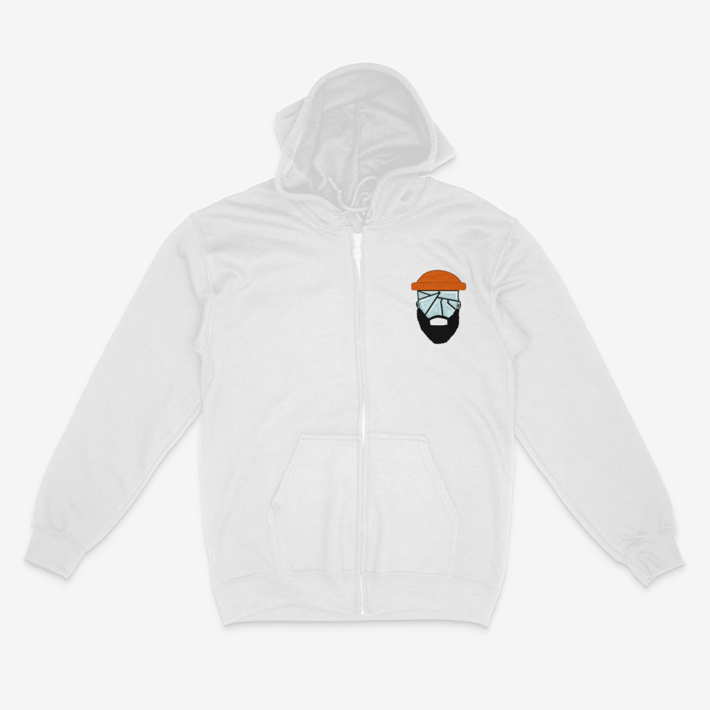 Front view of white zip-up hoodie featuring The Shattered Man logo with an orange beanie and shattered glass face.